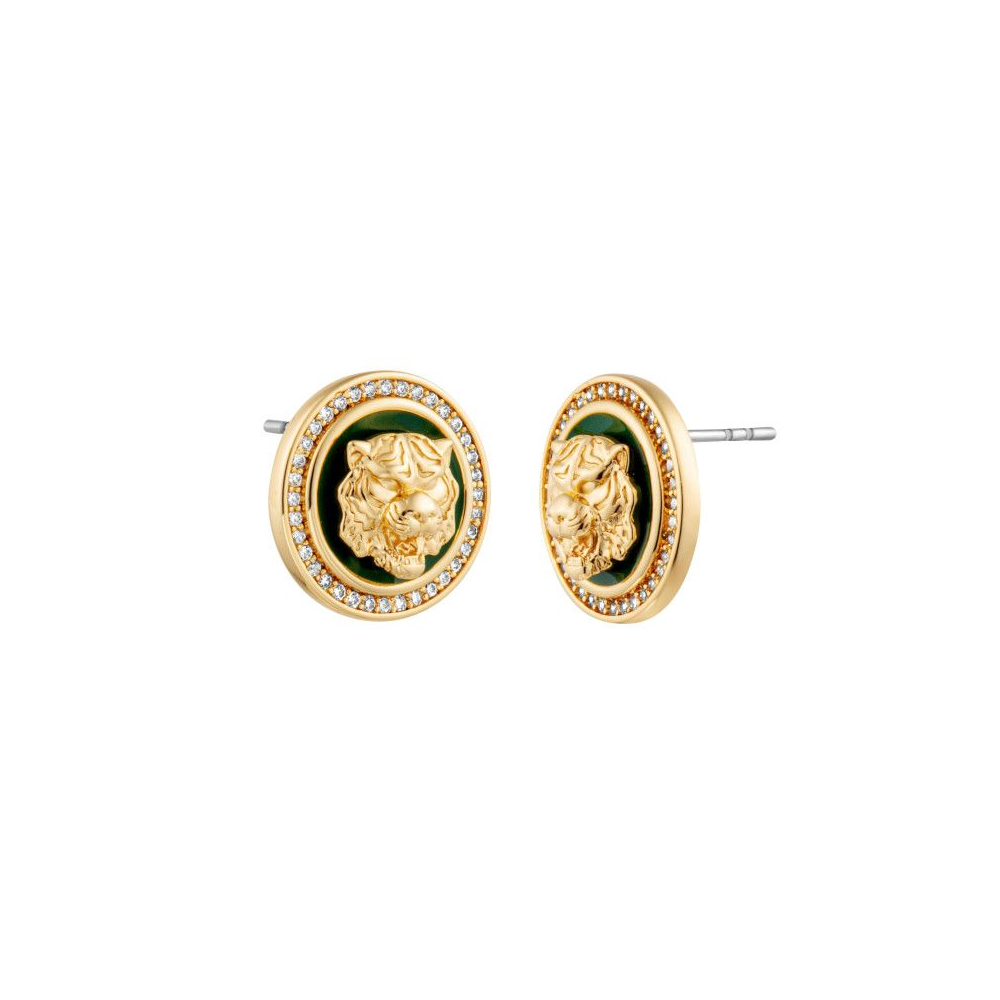 BRINCOS JUST CAVALLI ( JUST VARESE ) DOURADO C/ ZIRCONIAS E ESMALTE VERDE