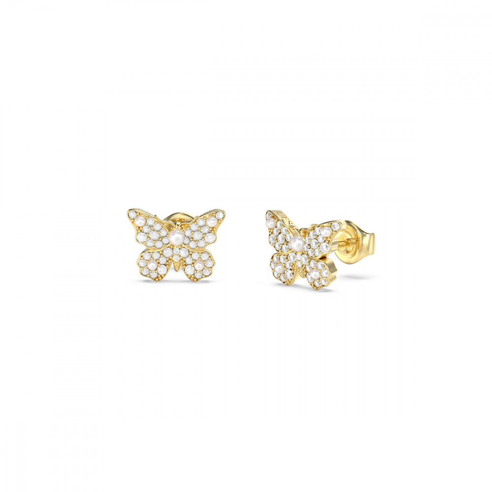 BRINCOS GUESS EM AÇO DOURADO COM CRISTAIS E PEROLAS