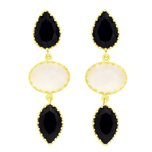 BRINCO EM PRATA DOURADA 925% COM 3 PEDRAS PRETO E   BRANCO