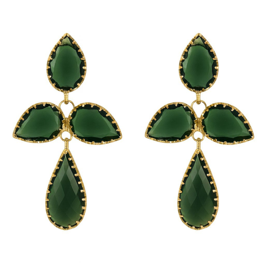 BRINCOS EM PRATA 925% DOURADA COM 4 PEDRAS VERDES