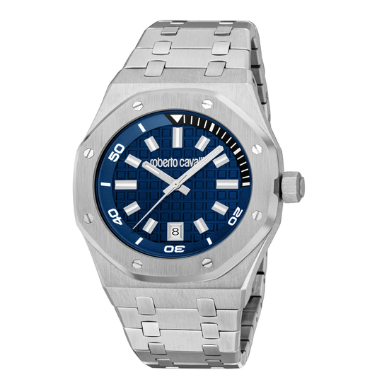 RELOGIO ROBERTO CAVALLI IMPERO BRAC./CAIXA AÇO MSTR. AZUL 42X53 3H