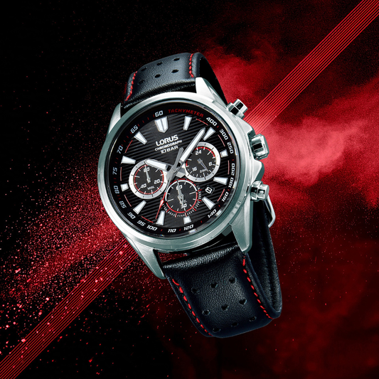 RELOGIO LORUS SPORTS CRONÓGRAFO PRETO-VERMELHO PELE