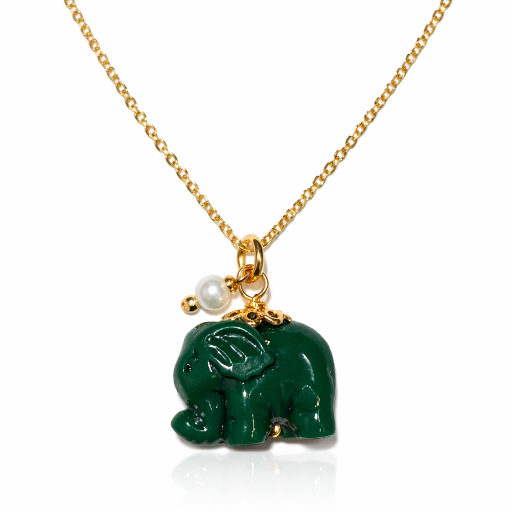 COLAR EM PRATA 925 ELEFANTE VERDE COM PEROLA