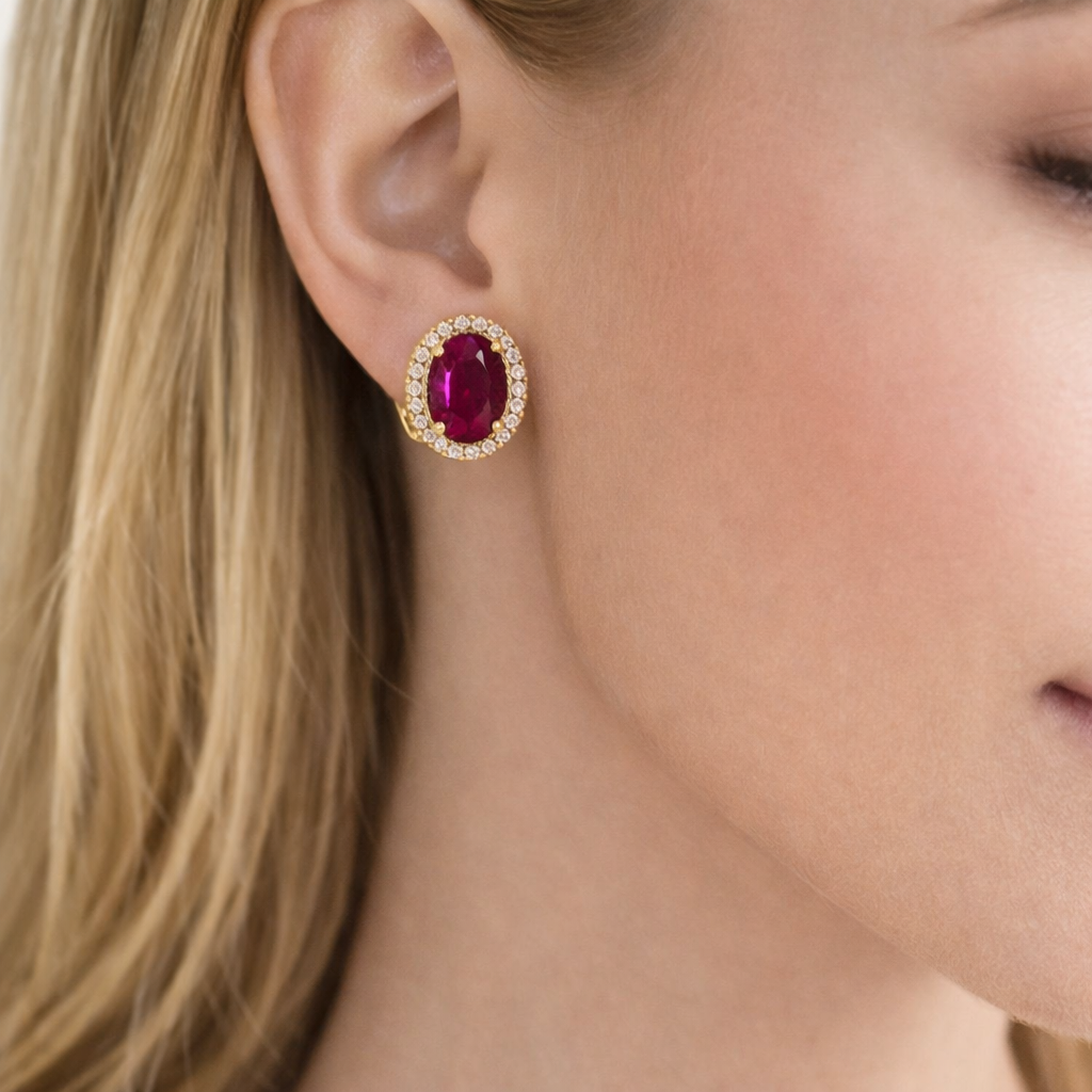 BRINCOS EM OURO COM ZIRCONIAS E PEDRA VERMELHA