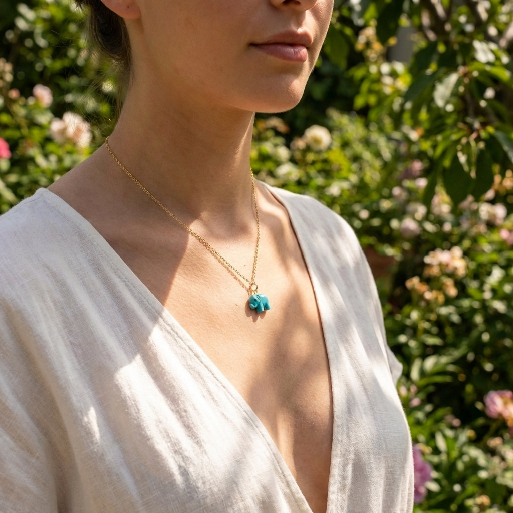 COLAR EM PRATA 925 ELEFANTE COR TURQUESA COM PEROLA