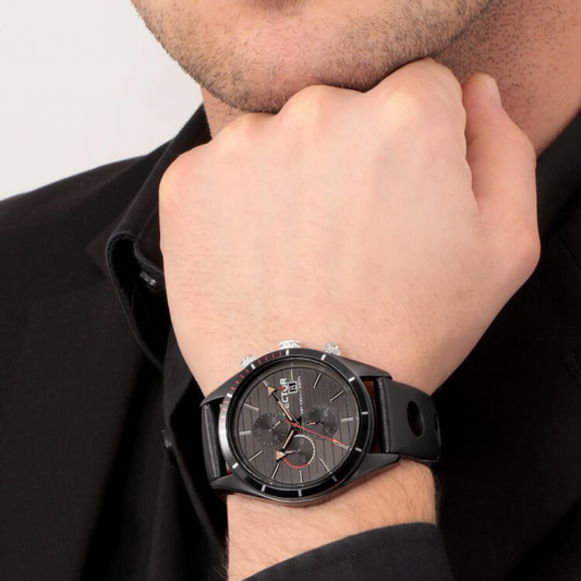 RELÓGIO SECTOR 770 44MM IPBLACK CHRONO BLACK+RED DETAILS LEATHER STRAP