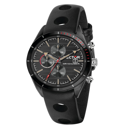 RELÓGIO SECTOR 770 44MM IPBLACK CHRONO BLACK+RED DETAILS LEATHER STRAP