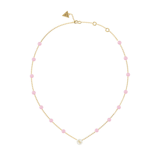 Colar Guess Aço Dourado Logo E Cristais rosa