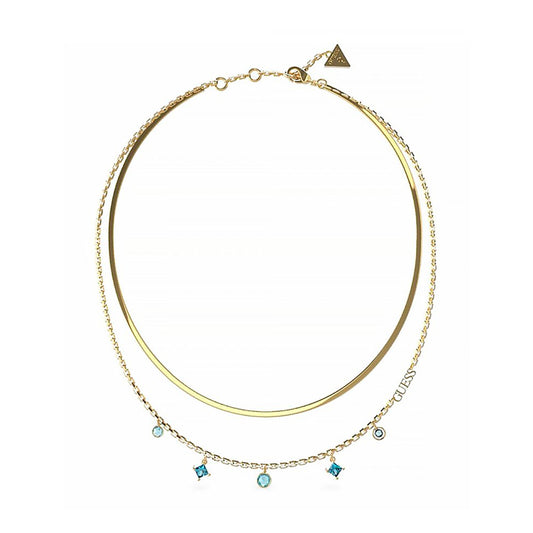 Colar Guess Aço Dourado Duplo Com Cristais Azul