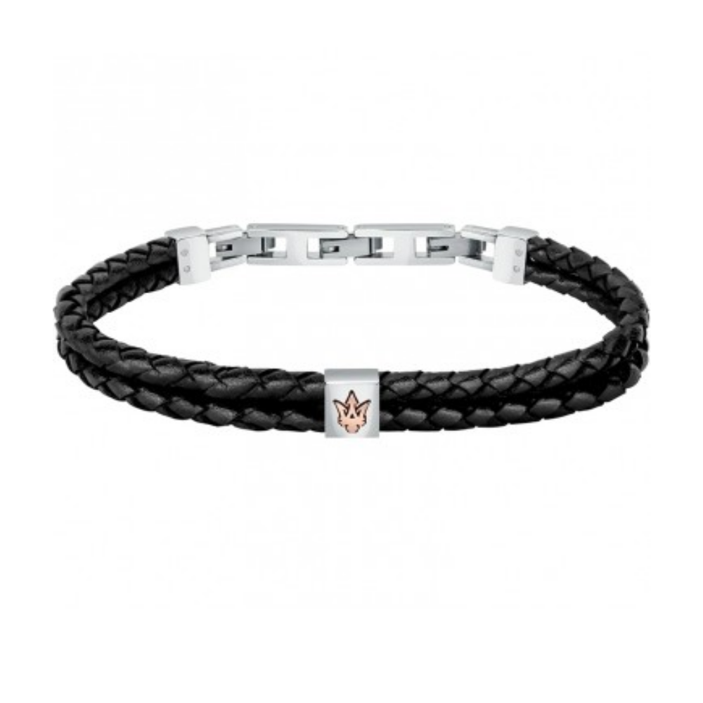 PULSEIRA MASERATI AÇO E PELE PRETA